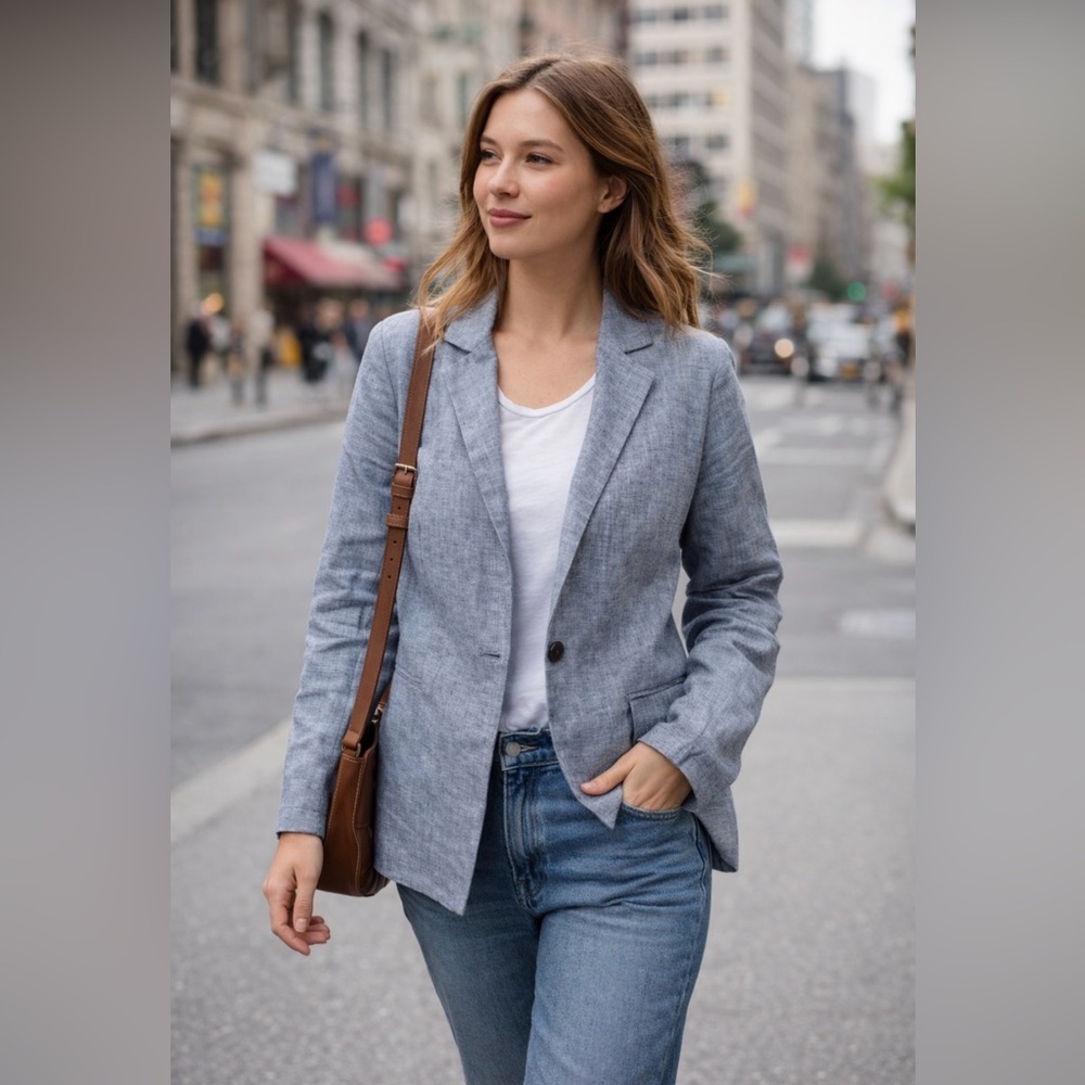 DREW Anthropologie Classic Light Chambray single button Blazer linen blend